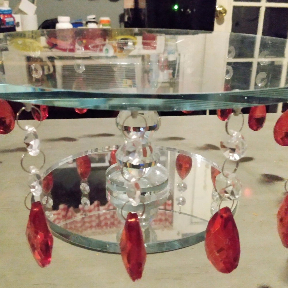 Crystal Cake Plate 12" Red Teardrop Crystals